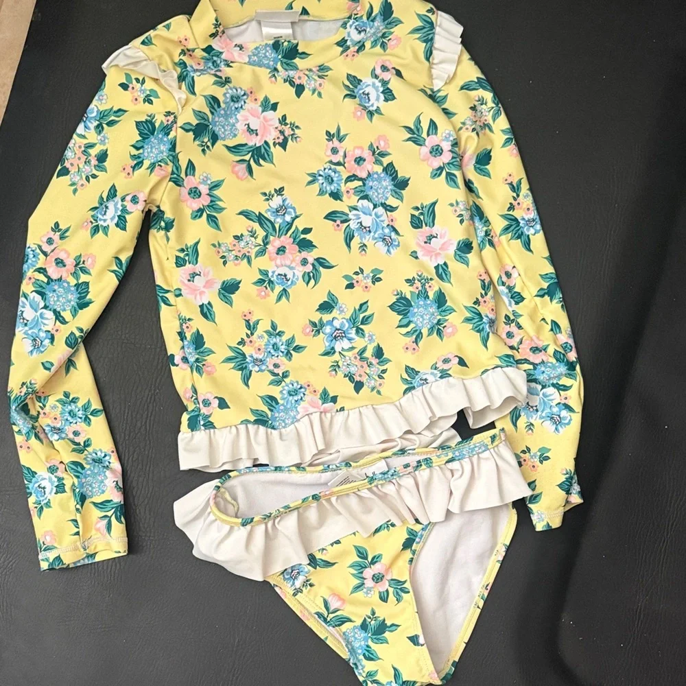 Nicole Miller Yellow Floral Ruffle Rash Guard Set - Picture 1 of 3